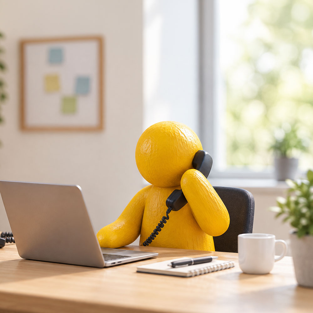 Eine gelbe Spielfigur sitzt an einem Schreibtisch, telefoniert mit einem Festnetztelefon und arbeitet gleichzeitig am Laptop. Auf dem Schreibtisch stehen eine Kaffeetasse, eine Pflanze und Büromaterial. Im Hintergrund ist ein helles, modernes Büro zu sehen.