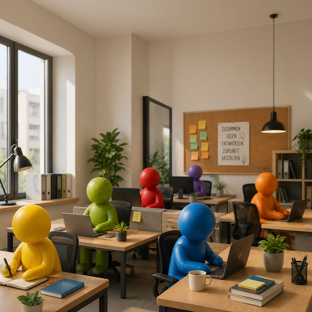Sechs farbenfrohe Spielfiguren sitzen an Schreibtischen und arbeiten an Laptops in einem hellen, modernen Büro mit Pflanzen, Regalen und einer Pinnwand an der Wand. Sonnenlicht strömt durch große Fenster herein.