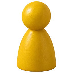 Eine gelbe Spielfigur aus Holz mit rundem Kopf und kegelförmigem Körper vor einem schlichten weißen Hintergrund.