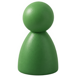 Eine grüne Spielfigur aus Holz mit rundem Kopf und kegelförmigem Körper vor einem schlichten weißen Hintergrund.