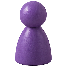 Eine violette Spielfigur aus Holz mit rundem Kopf und kegelförmigem Körper vor einem schlichten weißen Hintergrund.