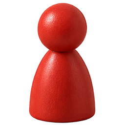 Eine rote Spielfigur aus Holz mit rundem Kopf und kegelförmigem Körper vor einem schlichten weißen Hintergrund.