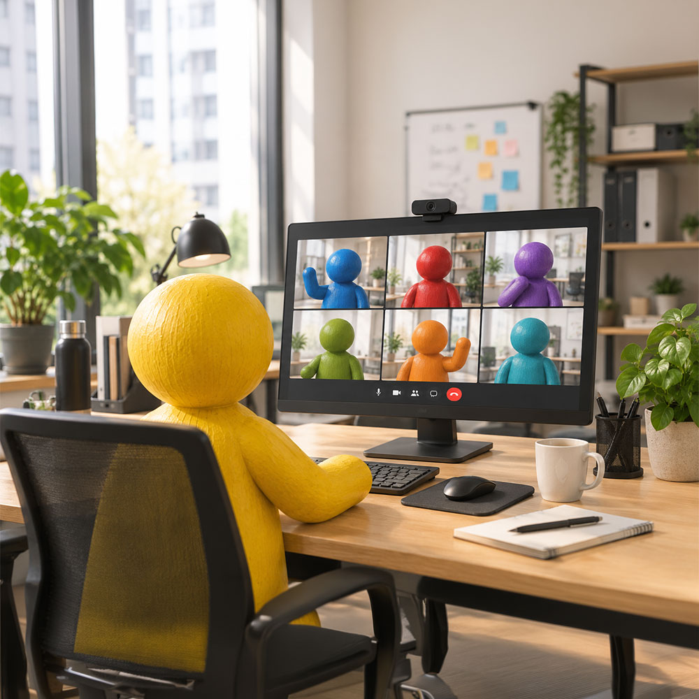 Eine gelbe Spielfigur sitzt in einem hellen Büro an einem Schreibtisch und nimmt an einem Videomeeting mit sechs weiteren bunten Spielfiguren teil, die man als Kacheln auf dem Bildschirm sieht, zwei davon winken. Im Hintergrund blickt man durch deckenhohe Fenster auf Hochhäuser.