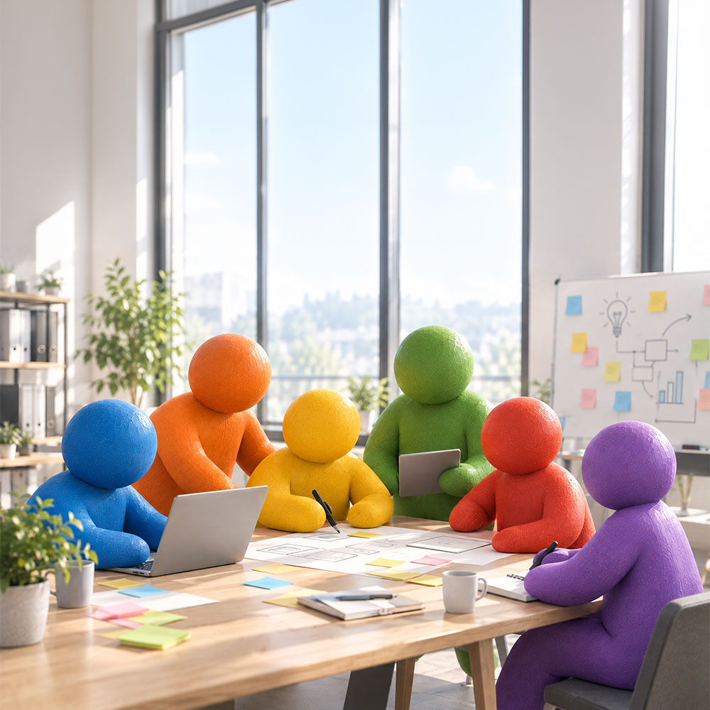 Sechs bunte Spielfiguren sitzen in einem hellen Büro um einen Tisch herum und arbeiten gemeinsam an einem großen Bogen Papier, auf dem sie mithilfe von Post-its und handgeschriebenen Infokästen einen Prozess planen oder etwas entwerfen. Im Hintergrund ist ein Whiteboard mit Diagrammen und Haftnotizen zu sehen, dahinter deckenhohe Fenster mit Blick auf eine gut begrünte Stadt.