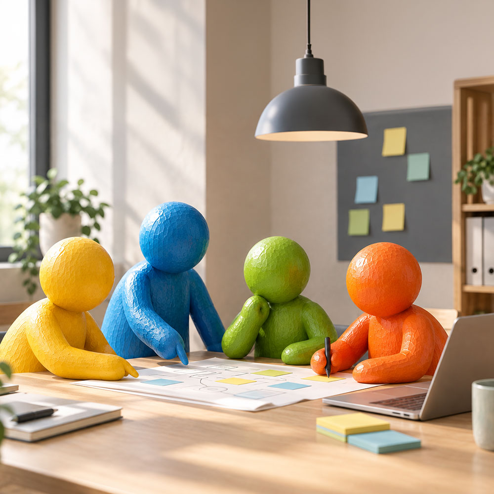 Vier farbenfrohe Spielfiguren sitzen um einen Tisch herum, auf dem ein großer Planungsbogen und Haftnotizen liegen, und arbeiten gemeinsam in einem hellen Büroraum, im Hintergrund sind Pflanzen und Regale zu sehen.