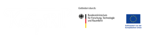 Das Projektlogo abstrahiert in weiß links, daneben rechterhand das Logo des BMFTR sowie das Logo der Europäischen Union mit der Überschrift "Gefördert durch:"